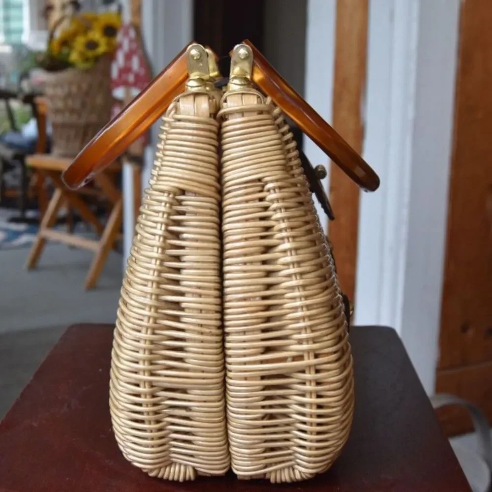 Vintage 60s Wicker Basket Handbag Hong Kong Lucite Handles Leather Trim